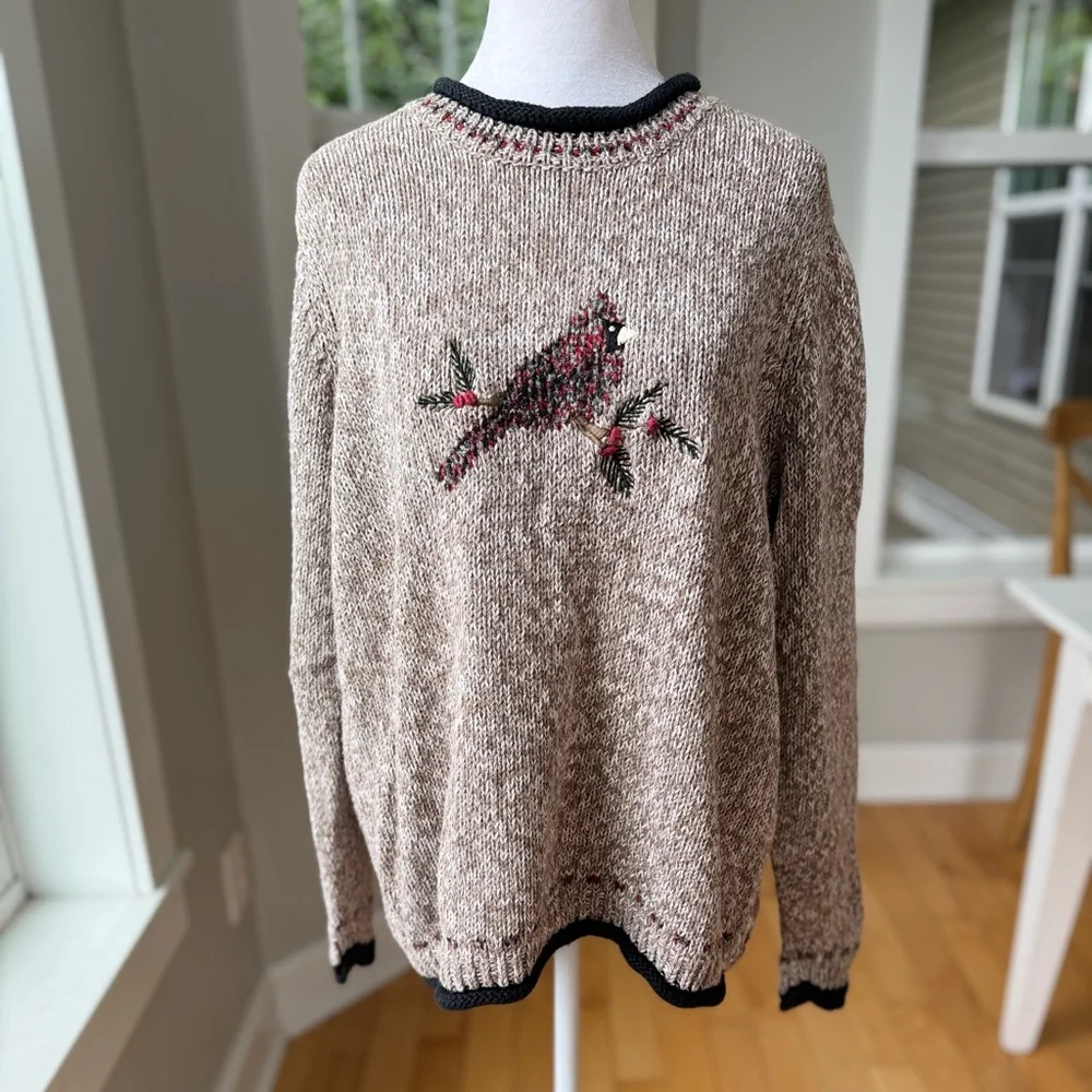 Vintage C.J. Banks Heather Brown Black Red Hand Embroidered Cardinal Sweater X